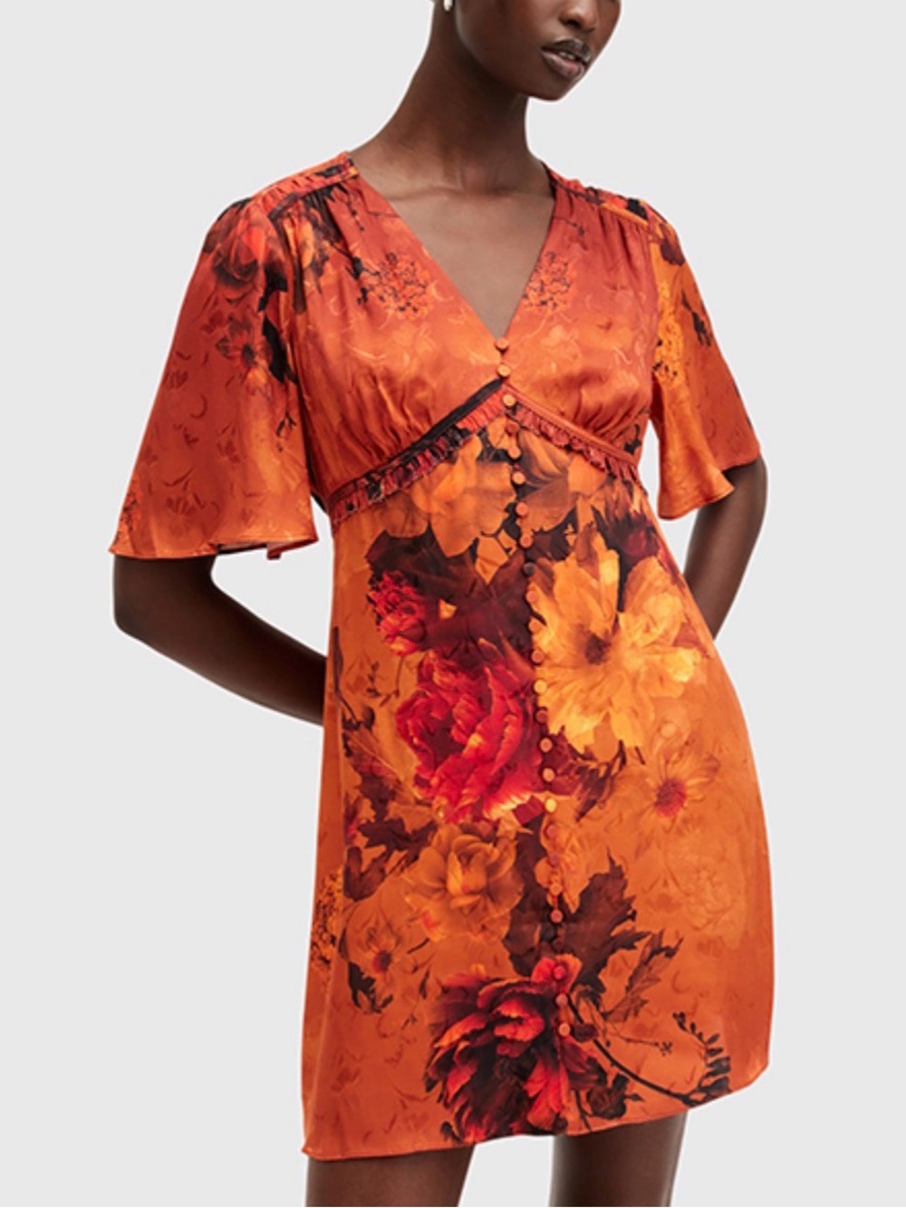 Allsaints Orange Floral V-Neck Mini Dress sz 12